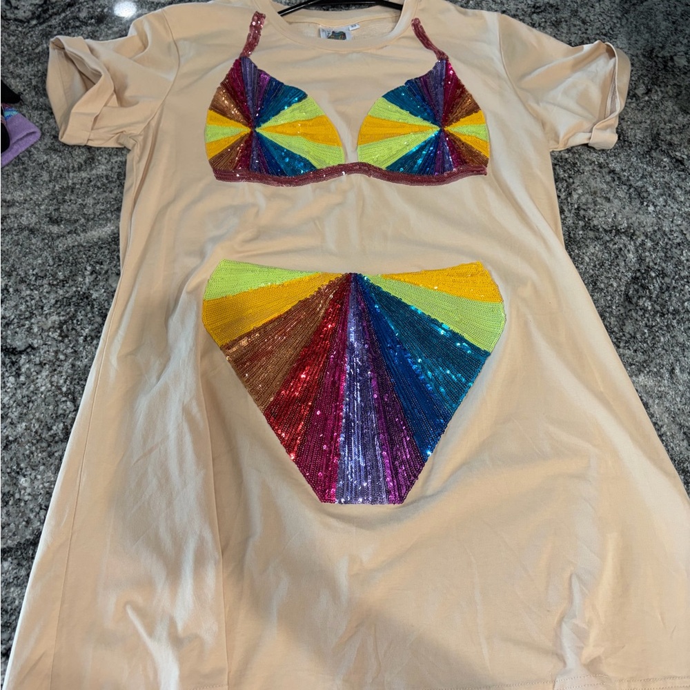 QUEEN OF SPARKLES Swim Coverup Dress with Rainbow Sequin Design